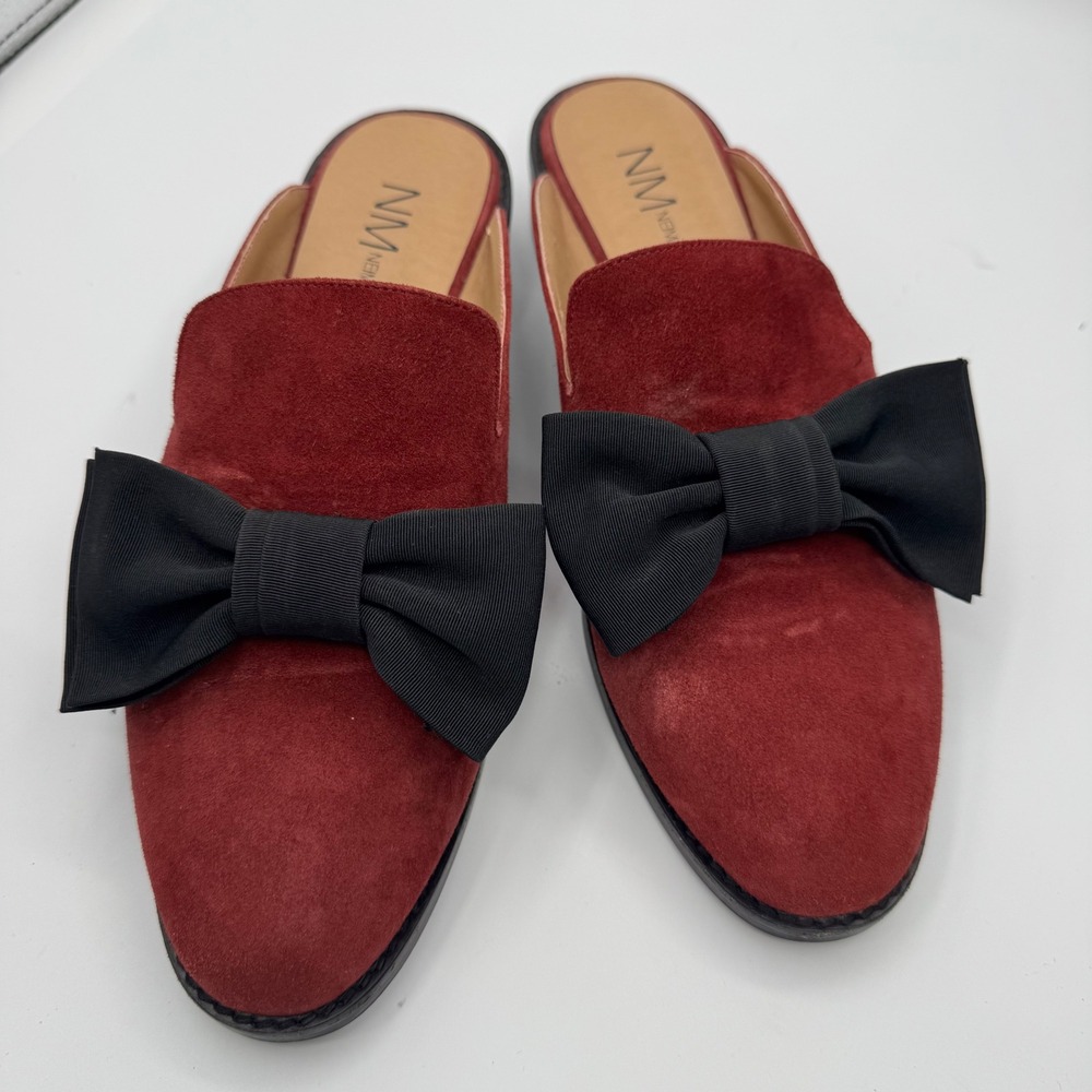 Neiman Marcus Mules Womens 10 Burgundy Suede Bow Slip On Flats